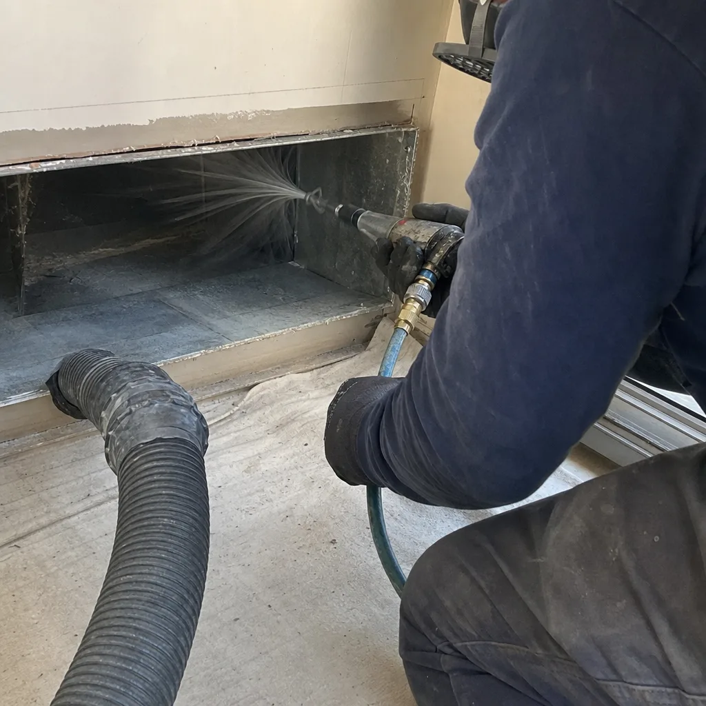 Professional technician performing deep air duct cleaning with specialized spray equipment