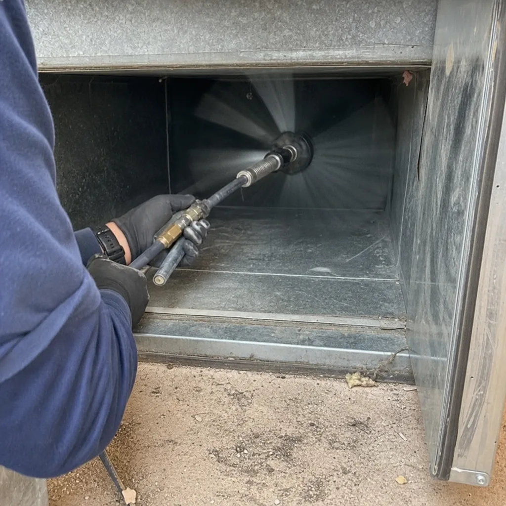Professional technician performing air duct cleaning with a spinning whip tool.