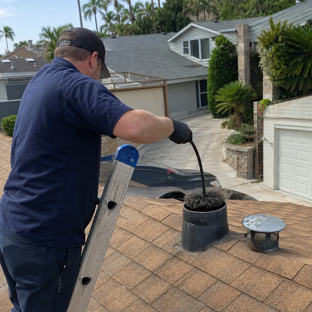 Professional cleaning a residential rooftop dryer vent with a brush tool